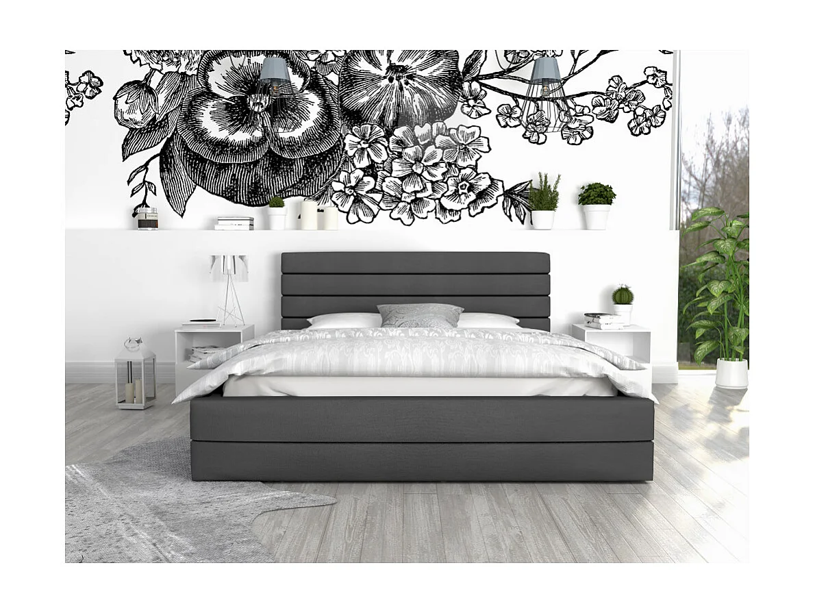 LIT COFFRE VIRGINIA 140x200 - Sommier inclus Gris foncé