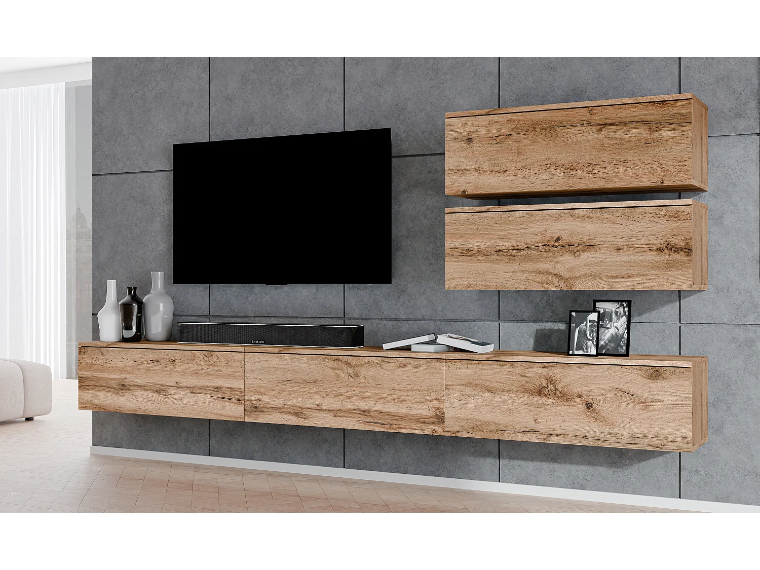 AX LIVING Anbauwand Loriano V Wohnwand braun Eiche Wotan 300 cm breit