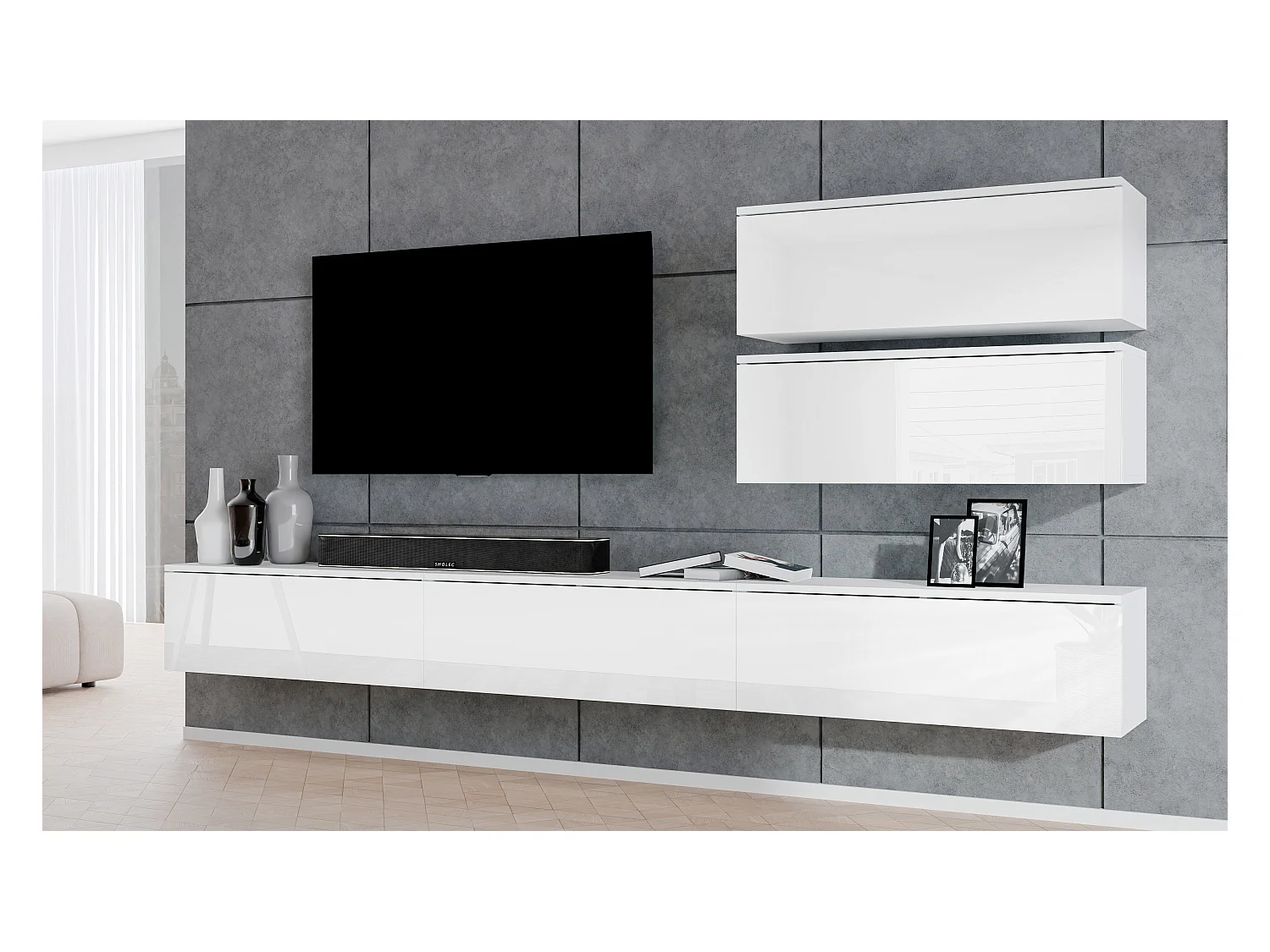 AX LIVING Ensemble meuble TV salon blanc Loriano V mat/brillant 300cm