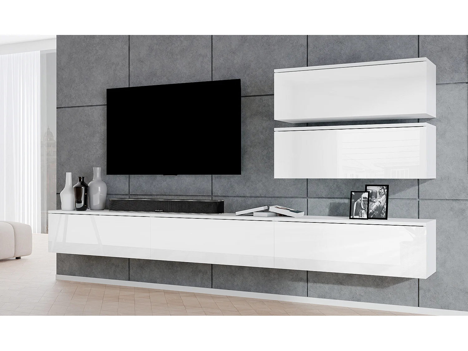 AX LIVING Ensemble meuble TV salon blanc Loriano V mat/brillant 300cm