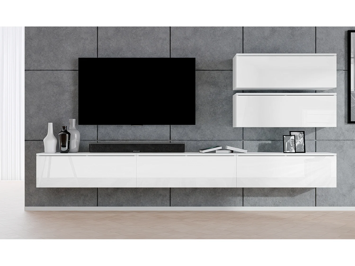 AX LIVING Ensemble meuble TV salon blanc Loriano V mat/brillant 300cm
