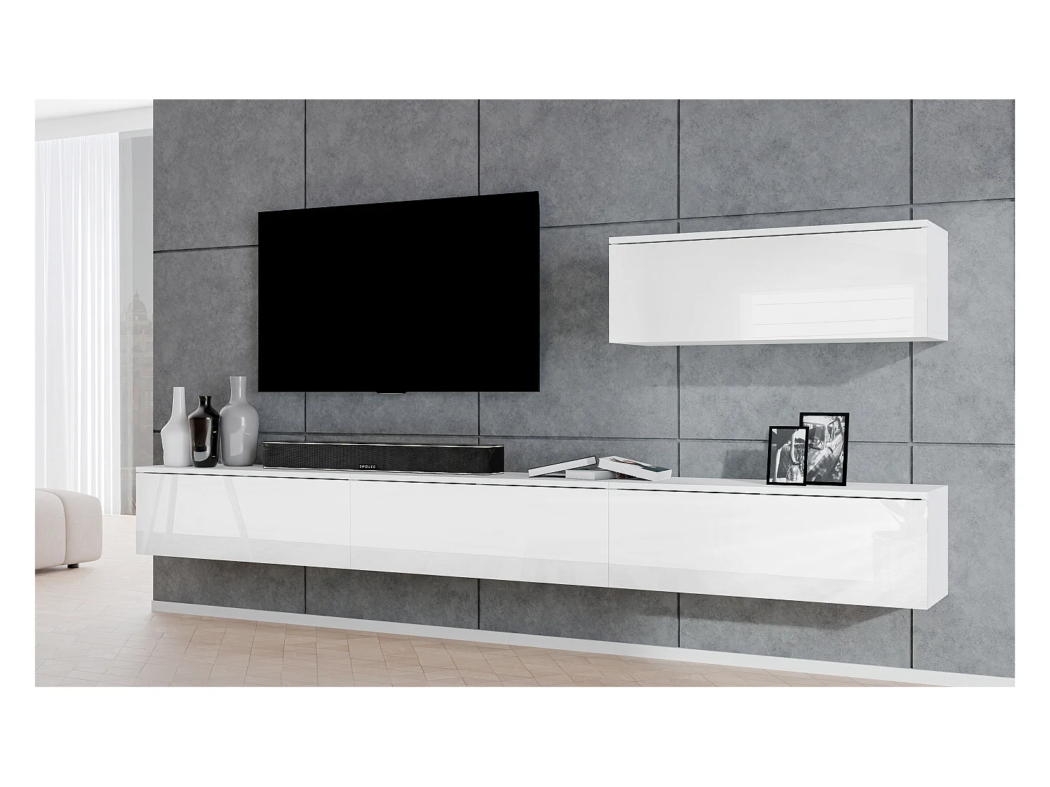 AX LIVING Ensemble meuble salon blanc Loriano IV mat/brillant 300 cm