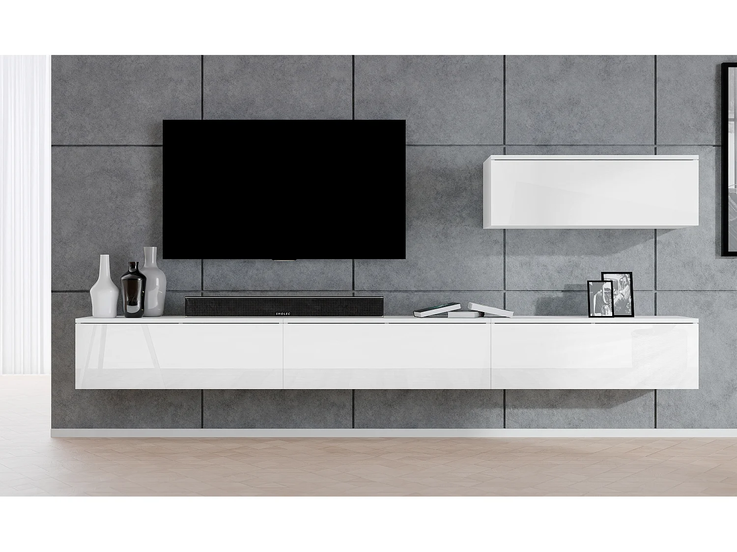 AX LIVING Wohnwand weiß Loriano IV Matt/Hochglanz Anbauwand 300 cm