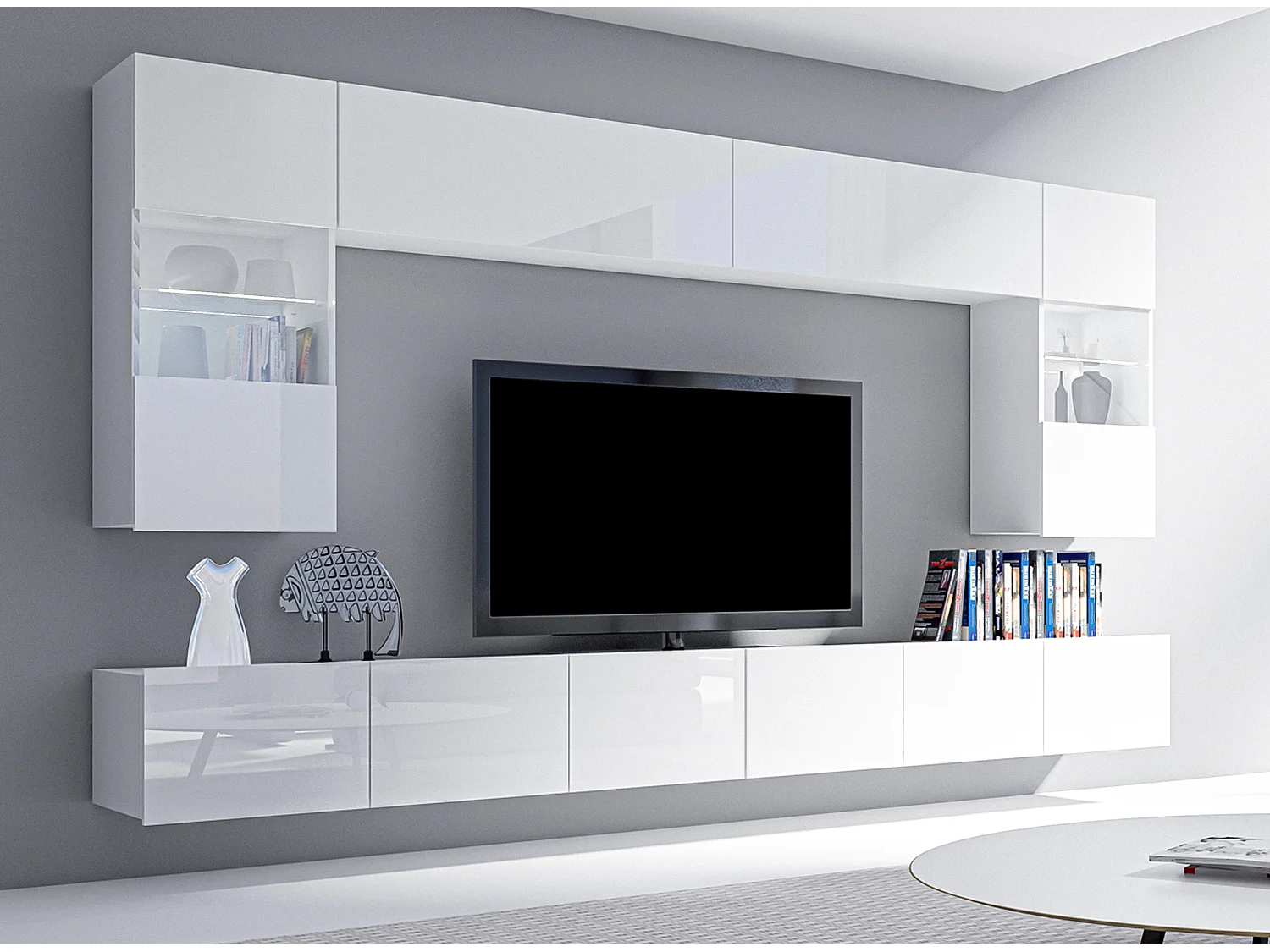 AX LIVING Meuble TV mural moderne Kossana 1 – largeur 300 cm, blanc fonctionnel