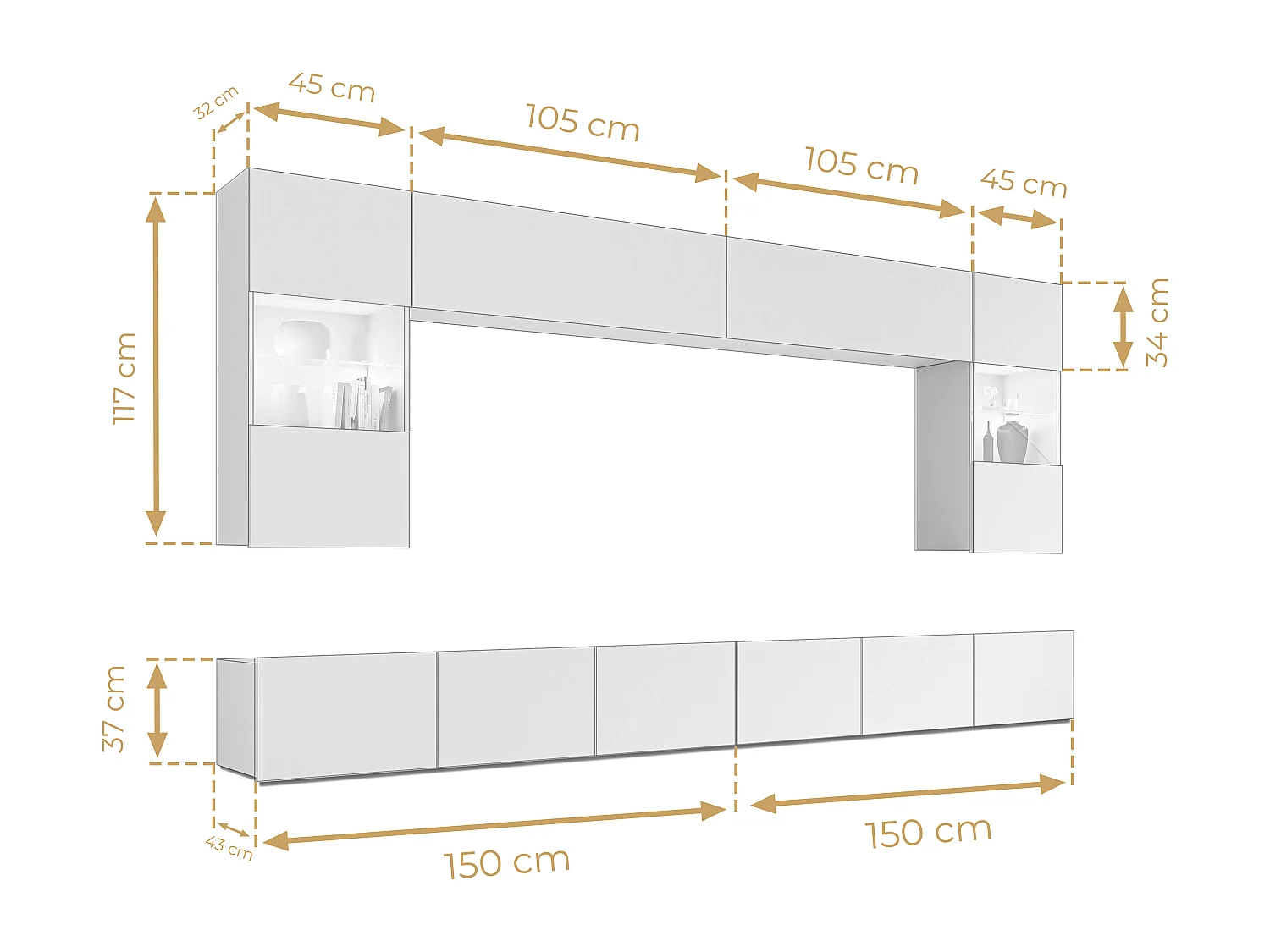 AX LIVING Meuble TV mural moderne Kossana 1 – largeur 300 cm, blanc fonctionnel