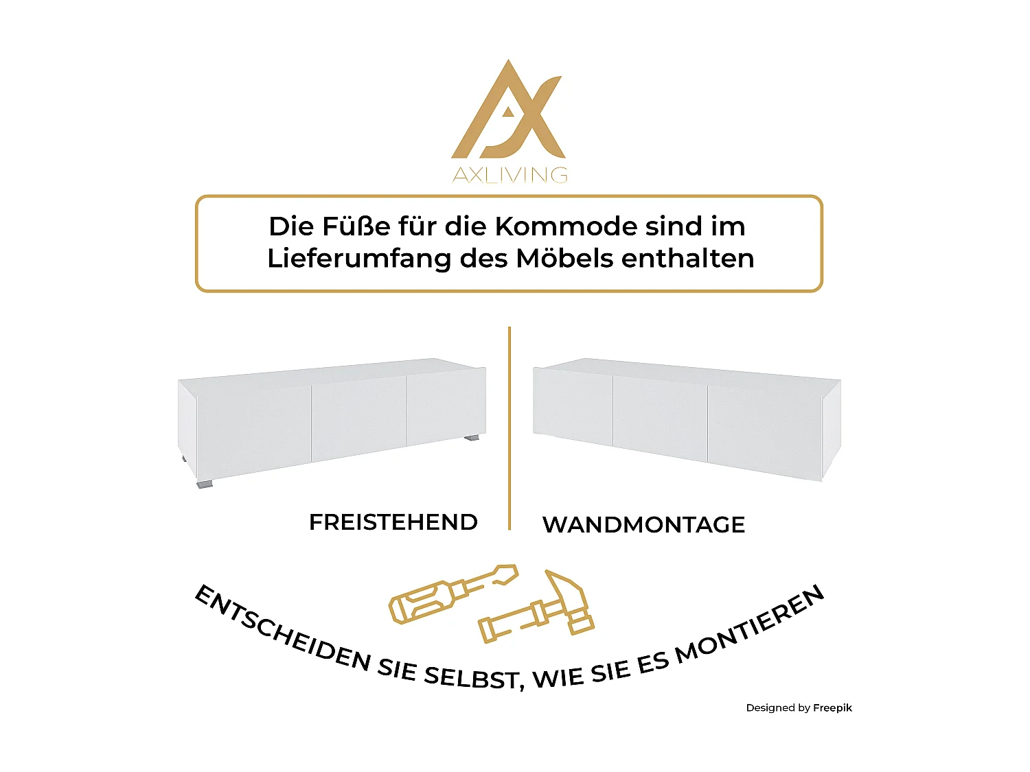 AX LIVING Meuble TV mural moderne Kossana 1 – largeur 300 cm, blanc fonctionnel