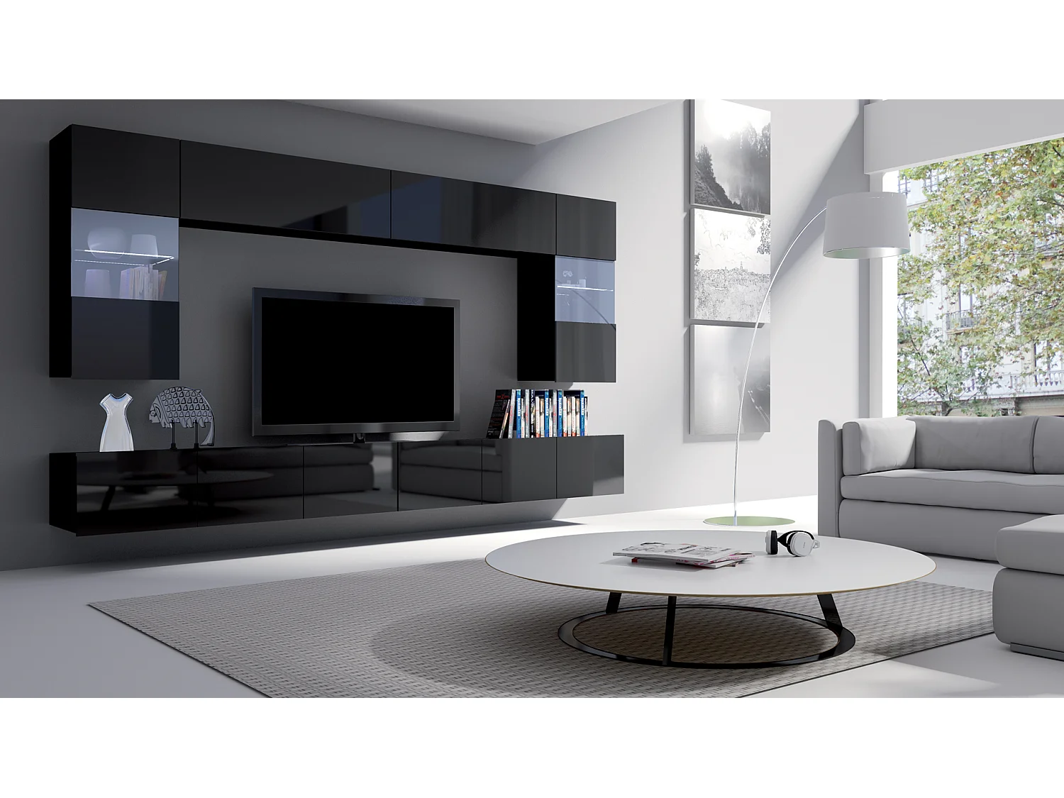 AX LIVING Wohnwand Modern „Kossana 1“ –300cm Breite Weiß/Goldene Eiche