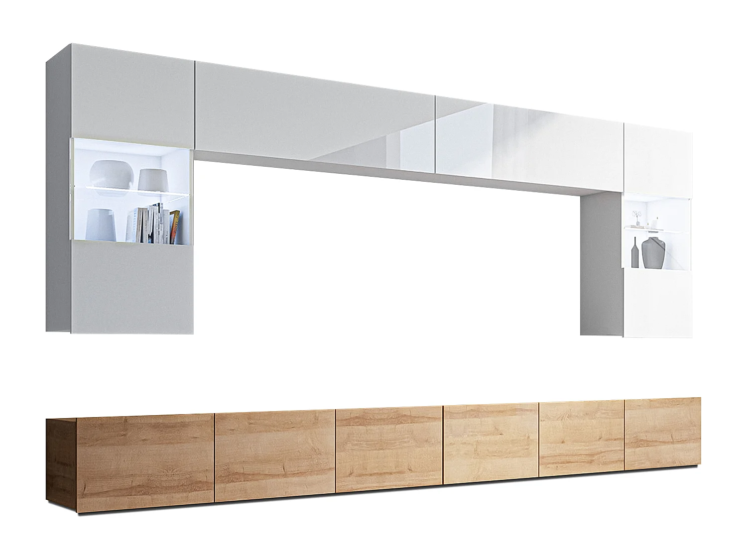 AX LIVING Meuble TV mural moderne Kossana 1 – largeur 300 cm, blanc/chêne doré