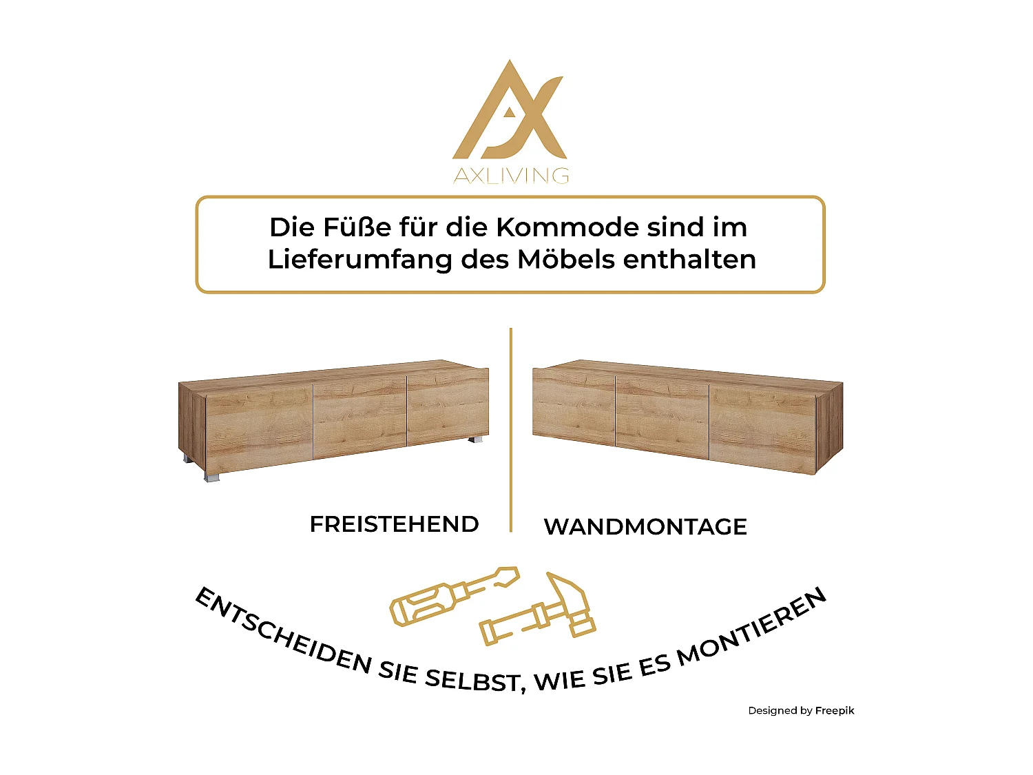 AX LIVING Meuble TV mural moderne Kossana 1 – largeur 300 cm, blanc/chêne doré