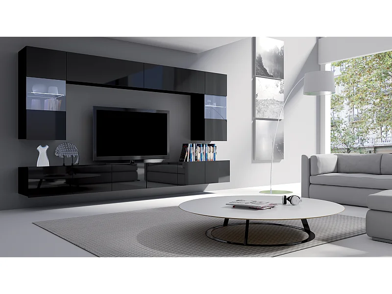 AX LIVING mur TV moderne « Kossana 1 300 cm de large, blanc / chêne doré