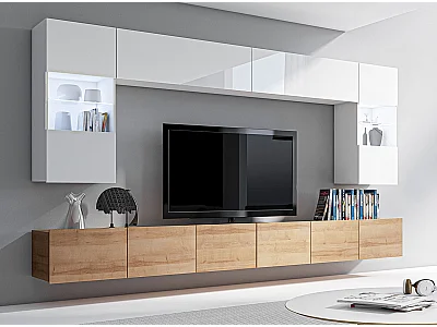 AX LIVING Meuble TV mural moderne Kossana 1 – largeur 300 cm, blanc/chêne doré