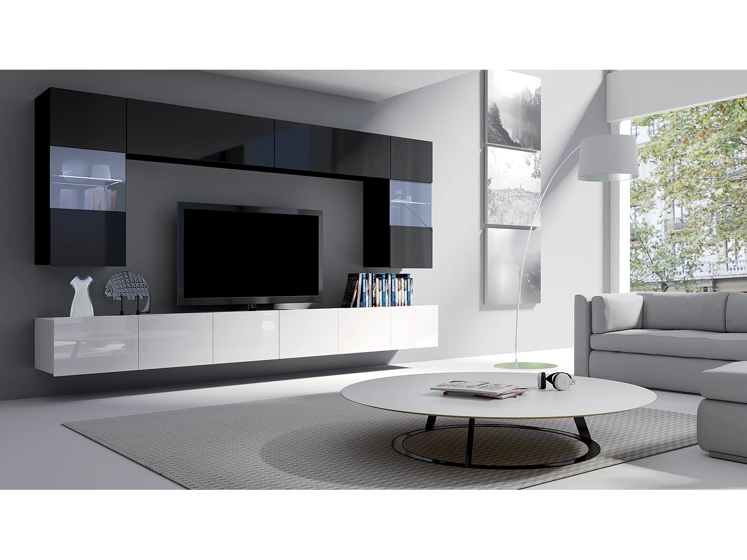 AX LIVING Wohnwand Modern „Kossana 1“ – 300cm Breite, Schwarz/Weiß