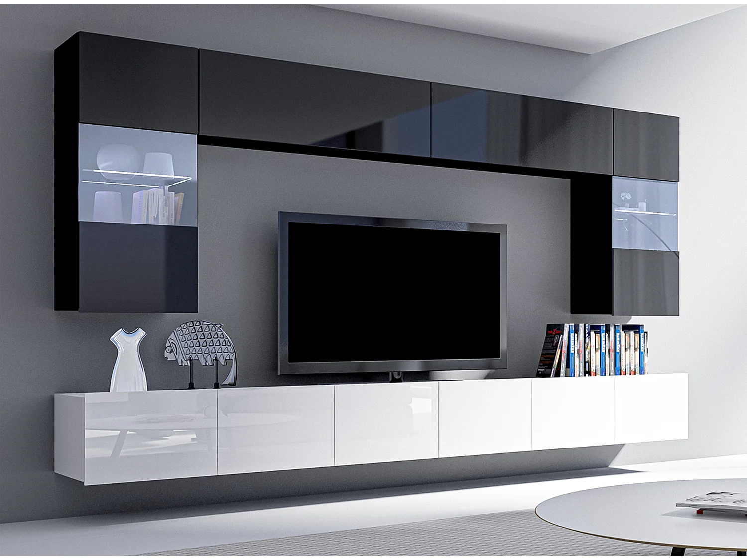 AX LIVING Meuble TV mural moderne Kossana 1 – largeur 300 cm, noir/blanc
