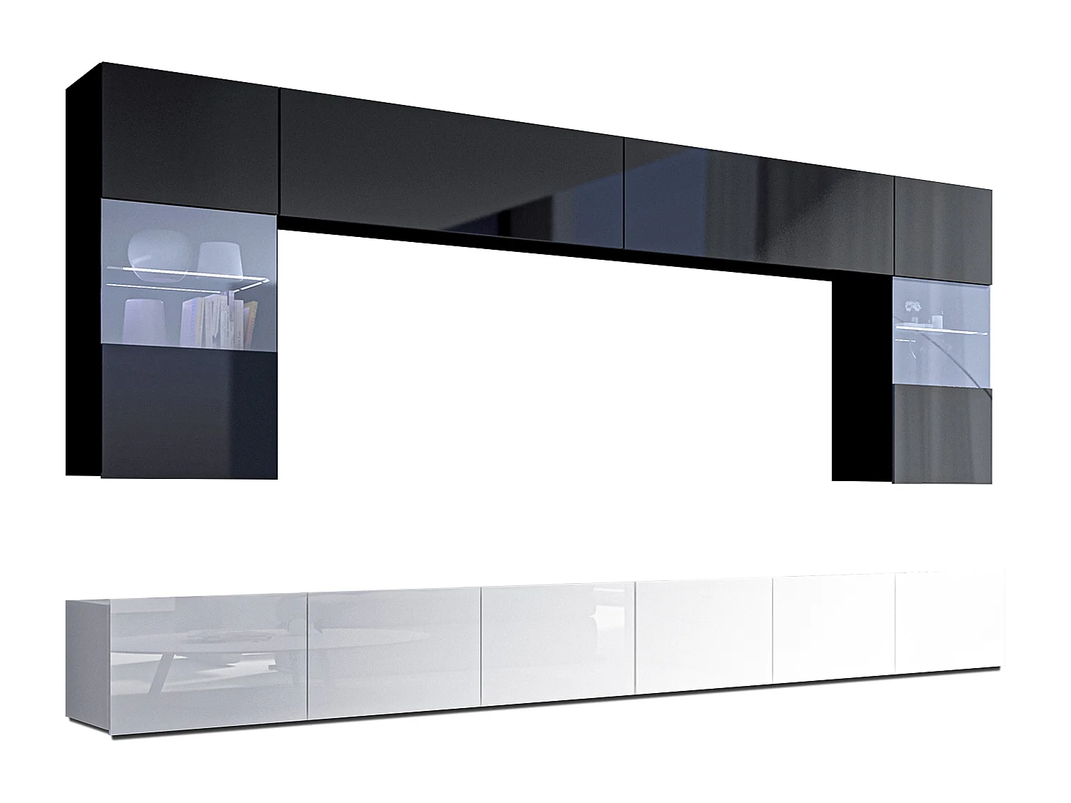 AX LIVING Meuble TV mural moderne Kossana 1 – largeur 300 cm, noir/blanc