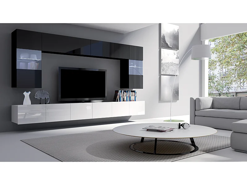 AX LIVING mur TV moderne « Kossana 1 300 cm de large, noir / blanc