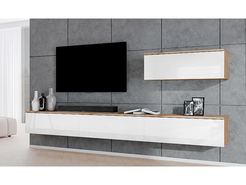 AX LIVING Anbauwand Loriano IV Wohnwand Eiche Wotan/weiß Hochglanz 400