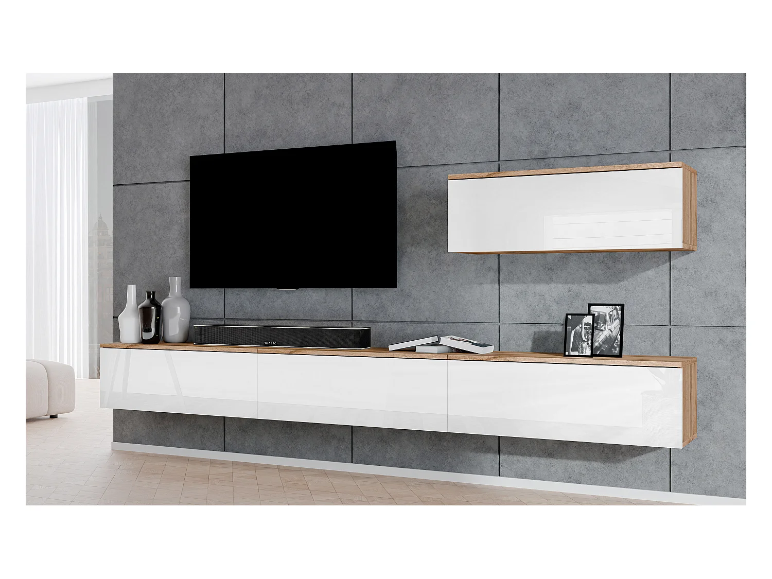 AX LIVING Anbauwand Loriano IV Wohnwand Eiche Wotan/weiß Hochglanz 400