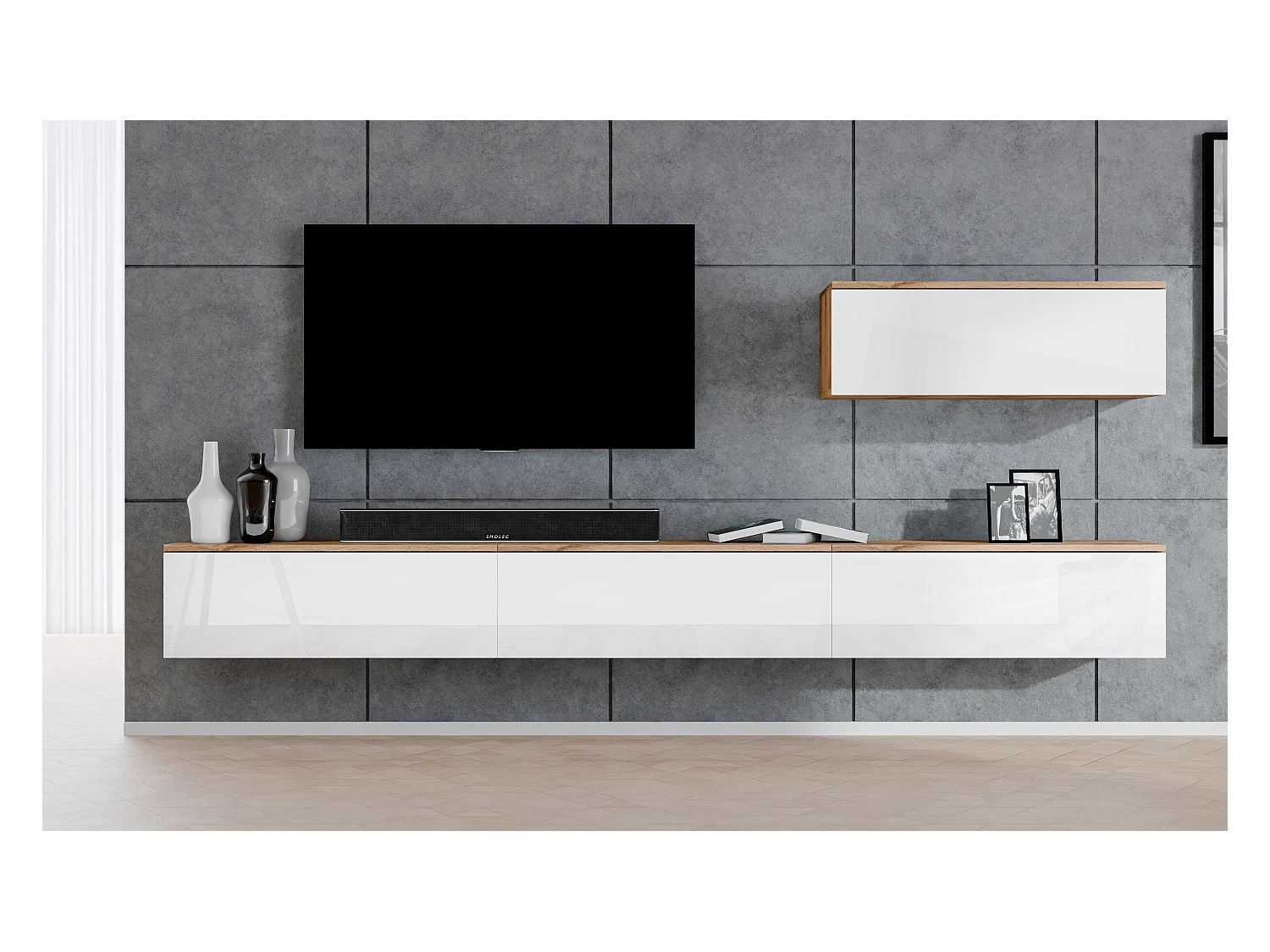 AX LIVING Anbauwand Loriano IV Wohnwand Eiche Wotan/weiß Hochglanz 400