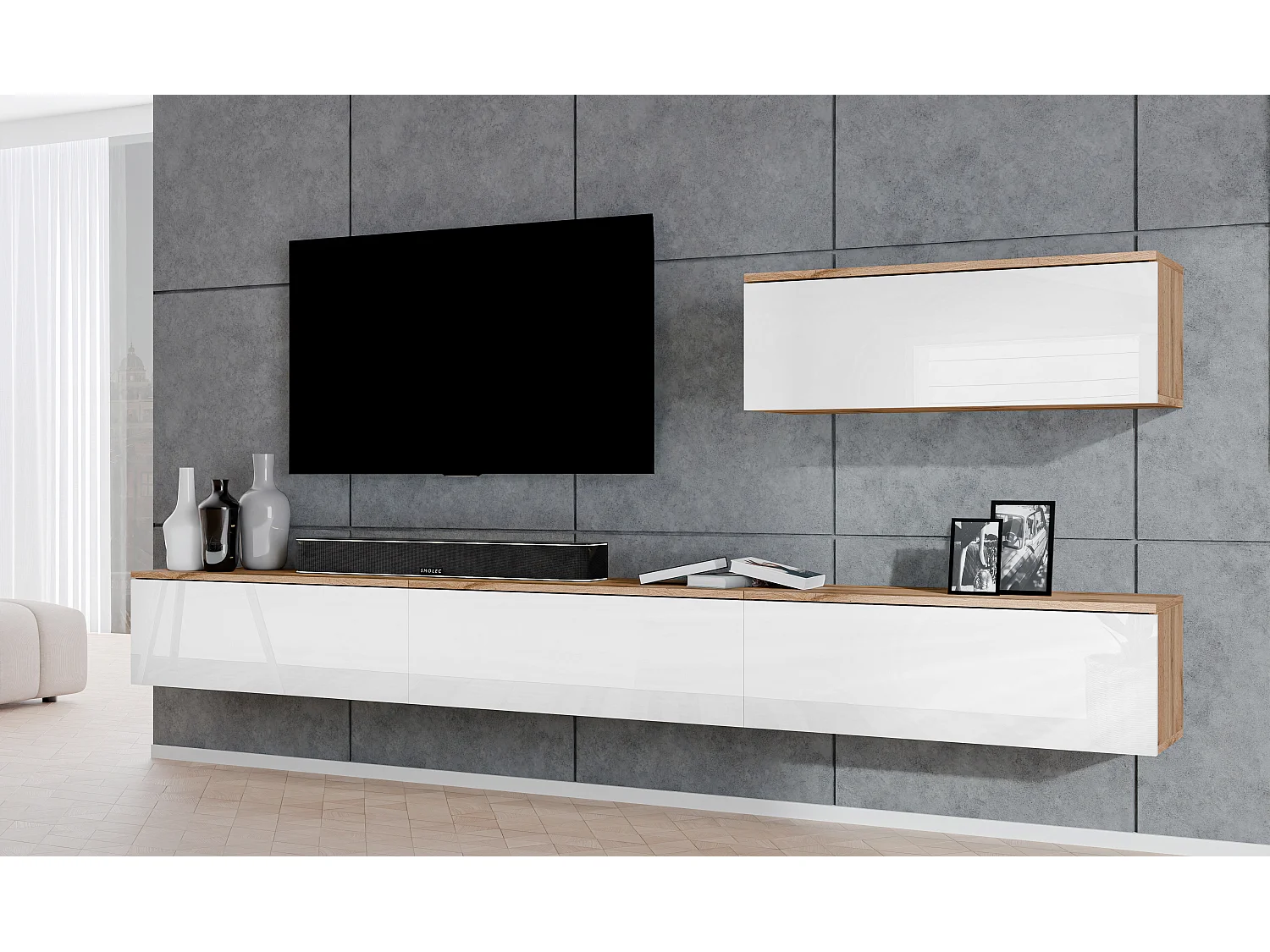 AX LIVING Anbauwand Loriano IV Wohnwand Eiche Wotan/weiß Hochglanz 300