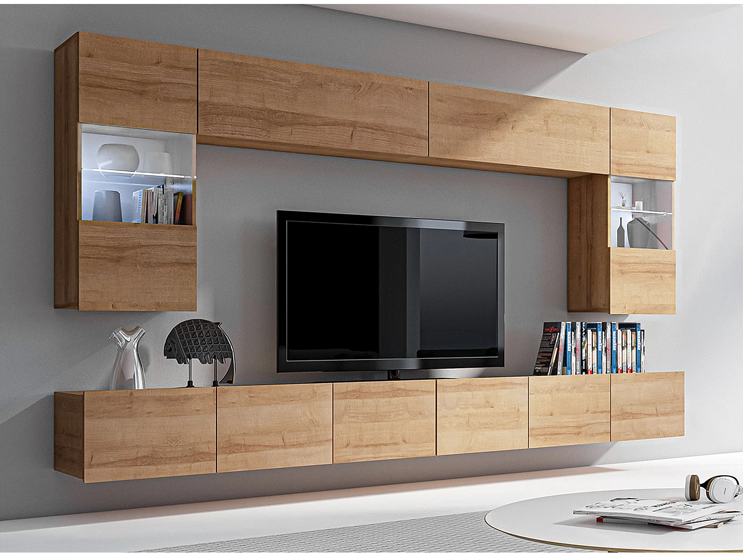 AX LIVING Meuble TV mural moderne Kossana 1 – largeur 300 cm, chêne doré