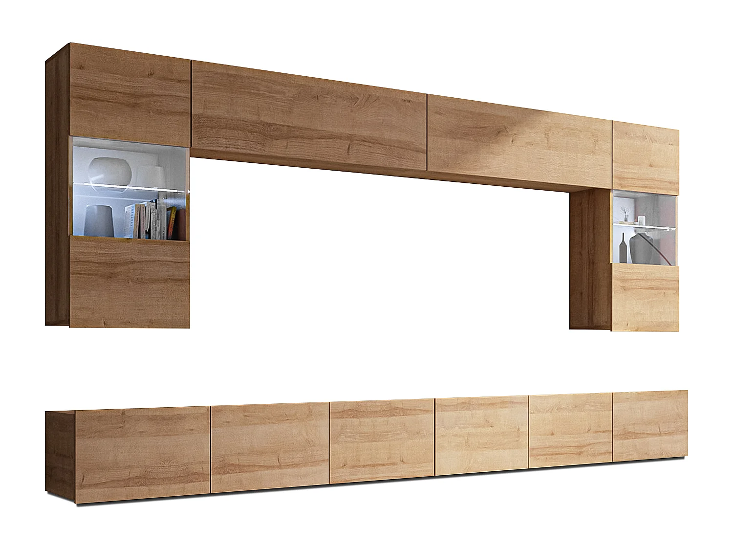 AX LIVING Meuble TV mural moderne Kossana 1 – largeur 300 cm, chêne doré