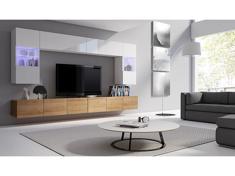 AX LIVING mur TV moderne « Kossana 1 300 cm de large, chêne doré