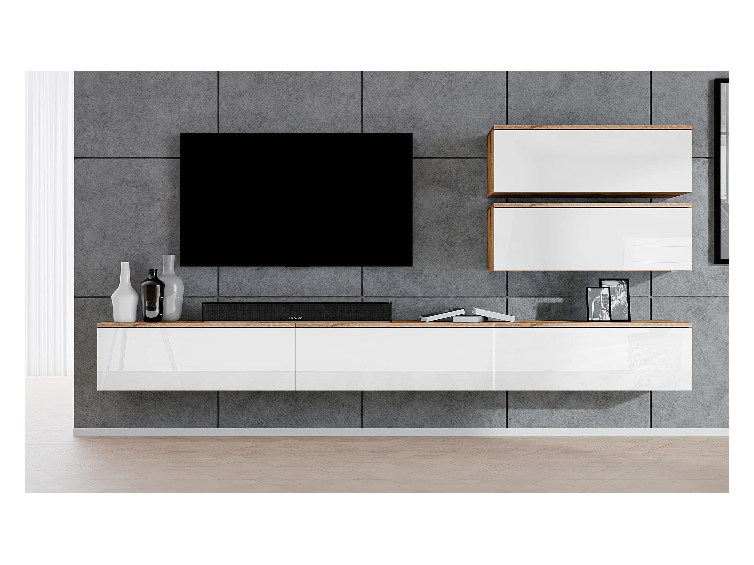 AX LIVING Anbauwand Loriano V Wohnwand Eiche Wotan/weiß Hochglanz 500