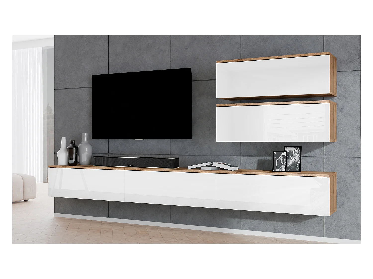 AX LIVING Meuble ensemble TV Loriano V chene wotan/blanc brillant 300
