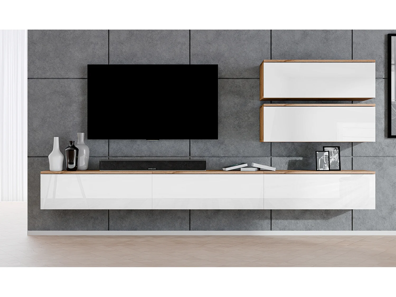 AX LIVING Meuble ensemble TV Loriano V chene wotan/blanc brillant 300