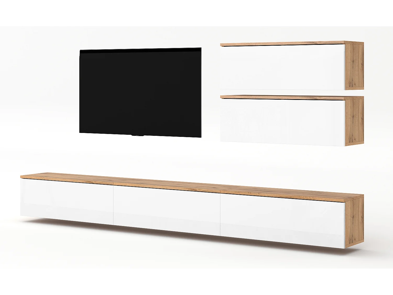 AX LIVING Anbauwand Loriano V Wohnwand Eiche Wotan/weiß Hochglanz 300