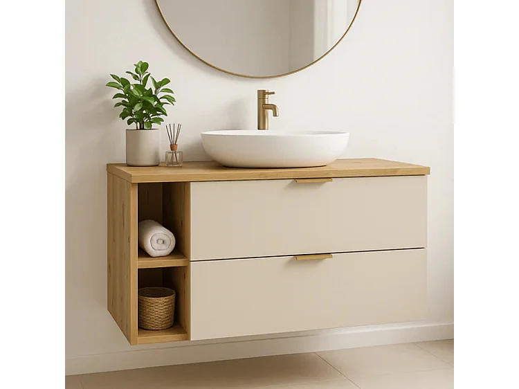 Mueble de baño mural para lavabo WENA, frentes lisos, Orio, 100x60x47 cm, Cachemira/Roble artesano