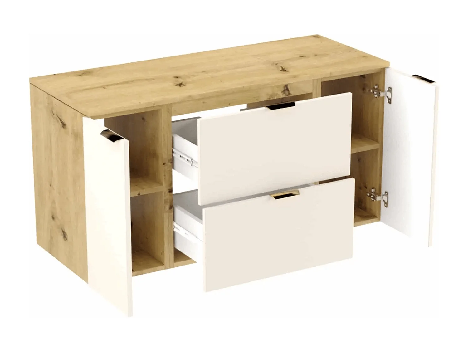 Mueble de baño mural para lavabo WENA, con 2 puertas y 2 cajones, frentes lisos, Orio, 120x60x47 cm, Cachemira/Roble artesano