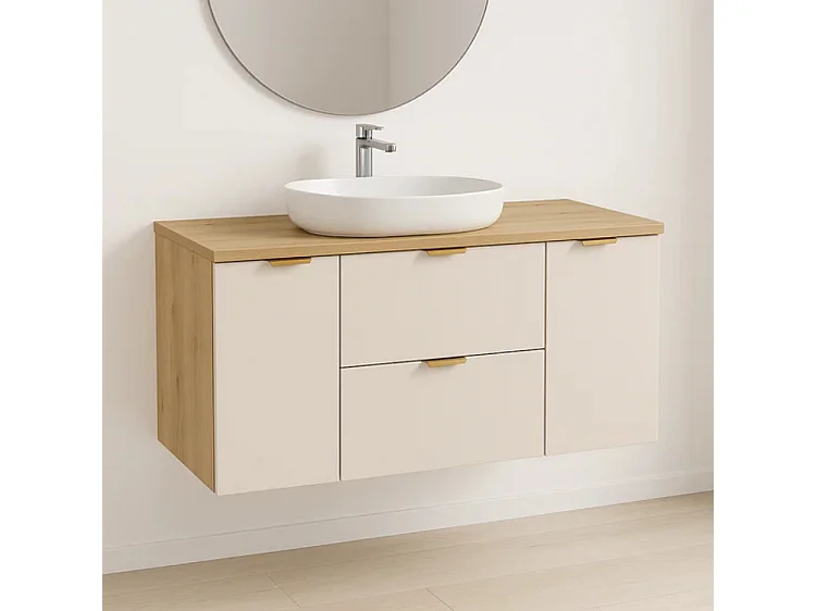 Meuble lavabo WENA, avec 2 portes et 2 tiroirs, fronts lisses, Orio, 120x60x47 cm, Cachemire/Chêne artisanal