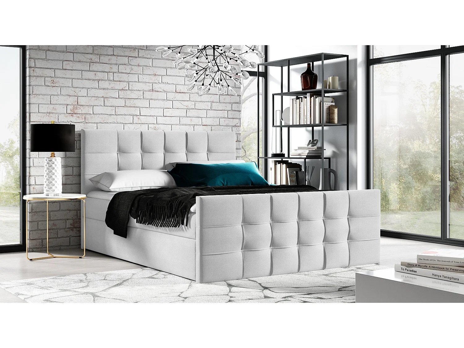 AX LIVING lit boxspring 180x200 avec coffre de rangement Ambusio gris clair