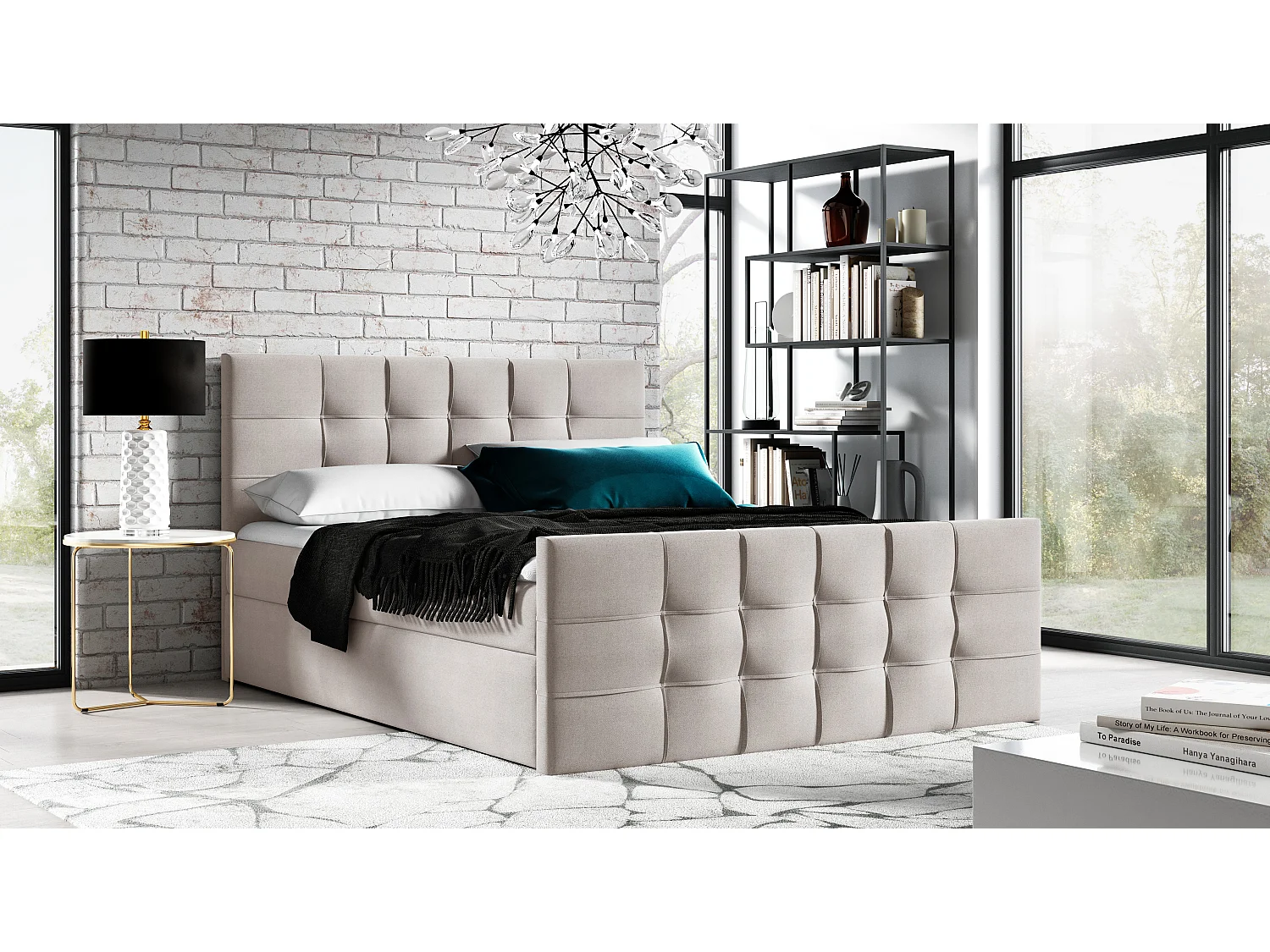 AX LIVING lit boxspring 180x200 avec coffre de rangement Ambusio beige