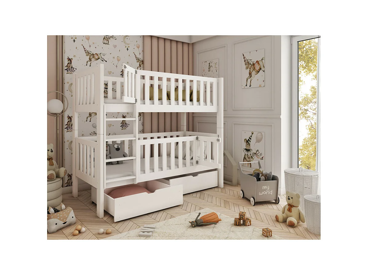 Lit Superposé CALY 80x180 - BOIS MASSIF - 2 TIROIRS Blanc - blanc Livré avec le sommiers et tiroir.