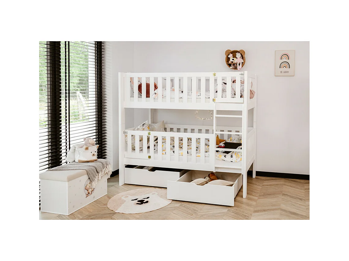 Lit Superposé CALY 80x180 - BOIS MASSIF - 2 TIROIRS Blanc - blanc Livré avec le sommiers et tiroir.