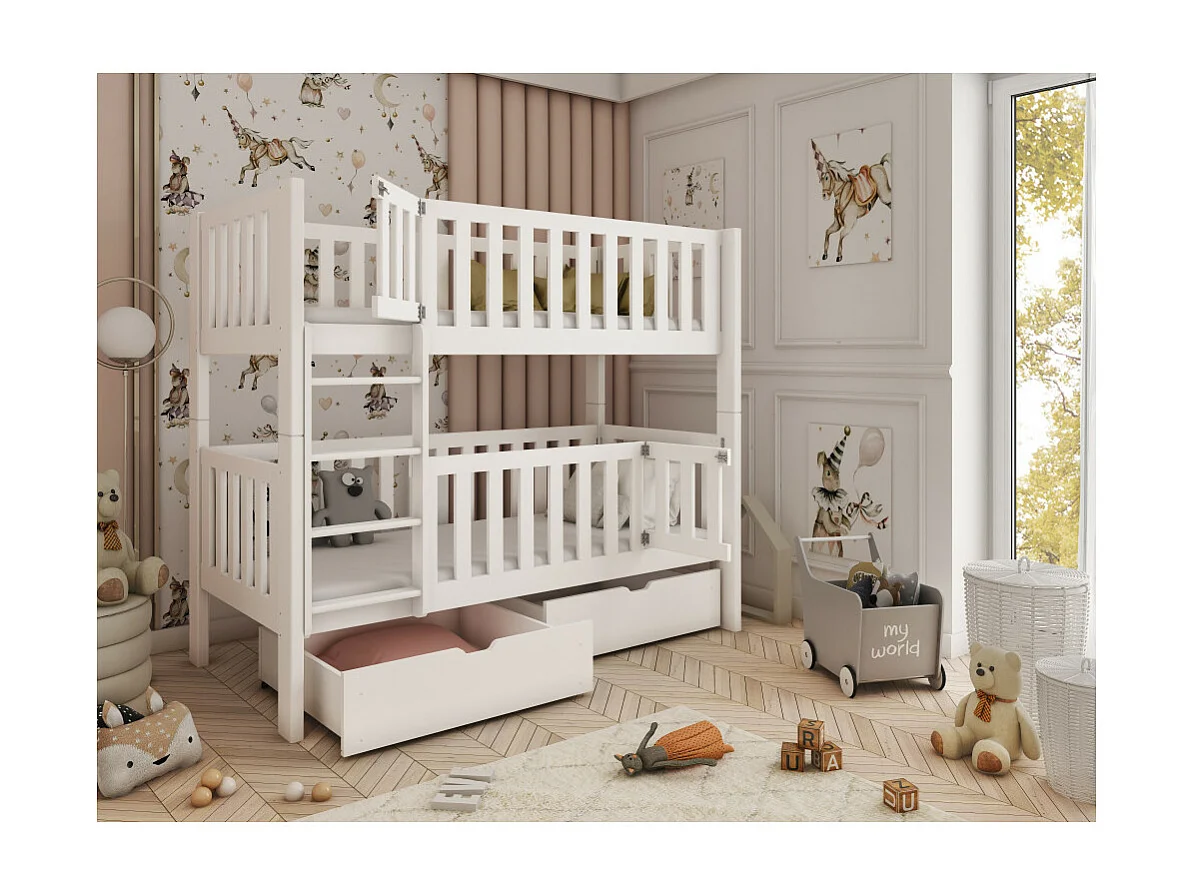 Lit Superposé CALY 80x180 - BOIS MASSIF - 2 TIROIRS Blanc - blanc Livré avec le sommiers et tiroir.