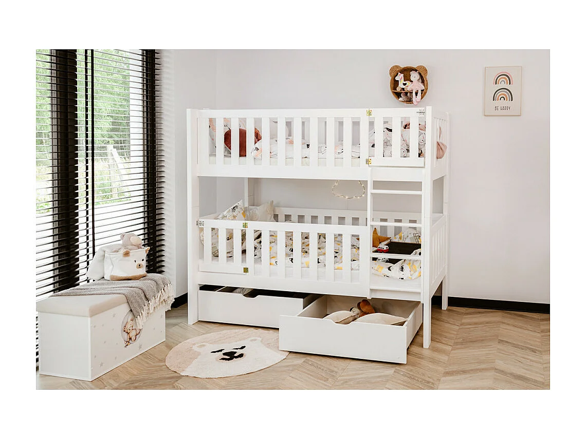 Lit Superposé CALY 80x180 - BOIS MASSIF - 2 TIROIRS Blanc - blanc Livré avec le sommiers et tiroir.