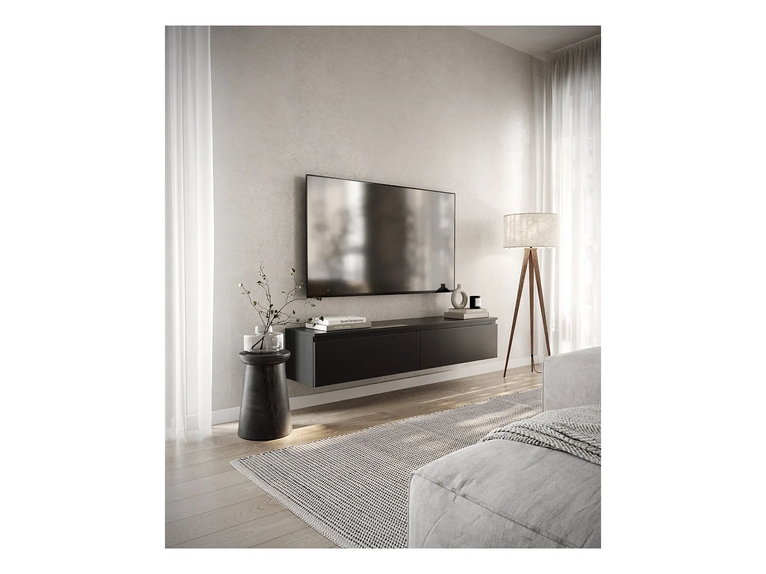 TV-meubel 2 deuren - hangend - 150 cm - zwart - BEMMI