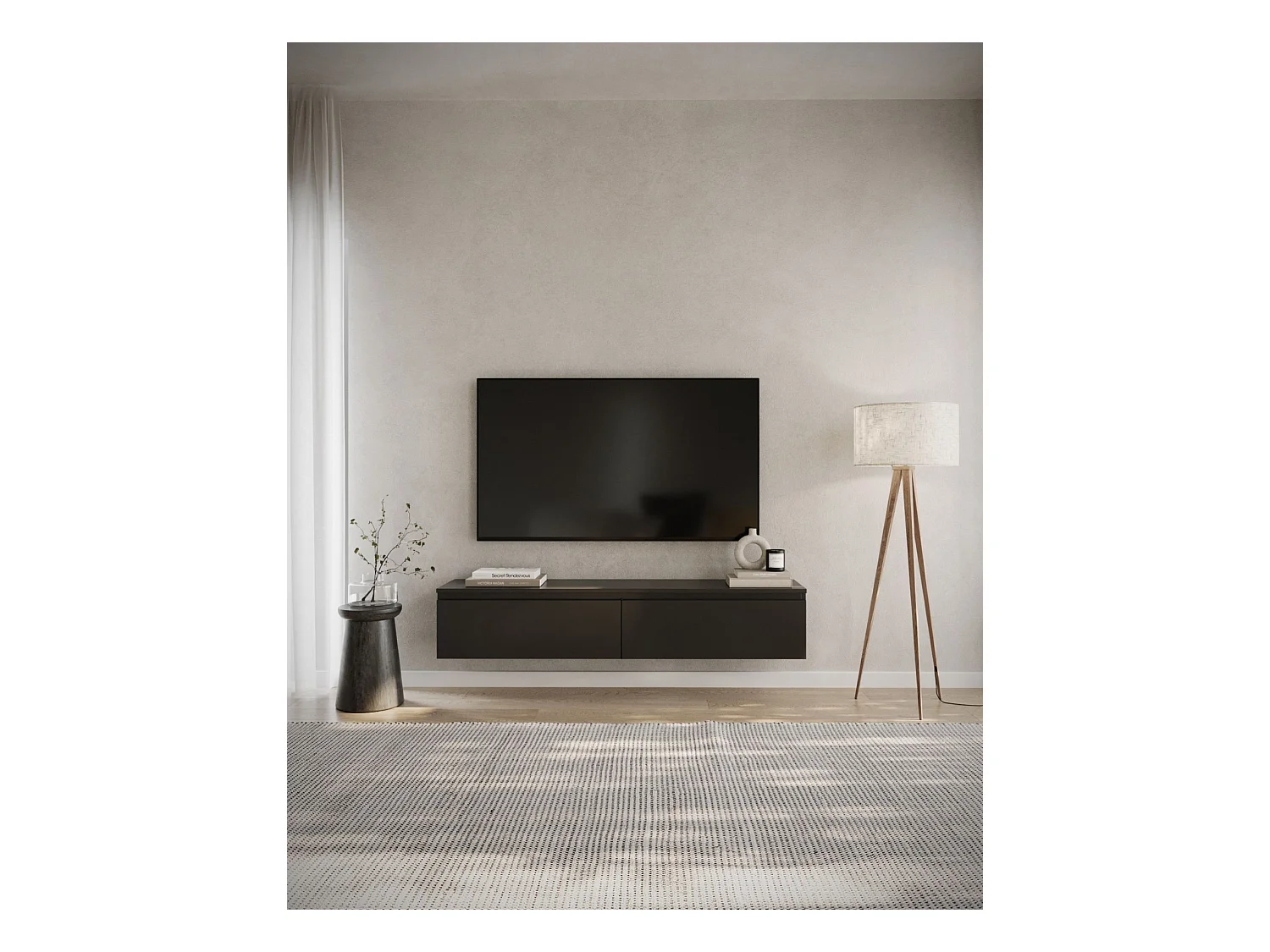 Meuble TV 2 portes -suspendu - 150 cm - noir - BEMMI