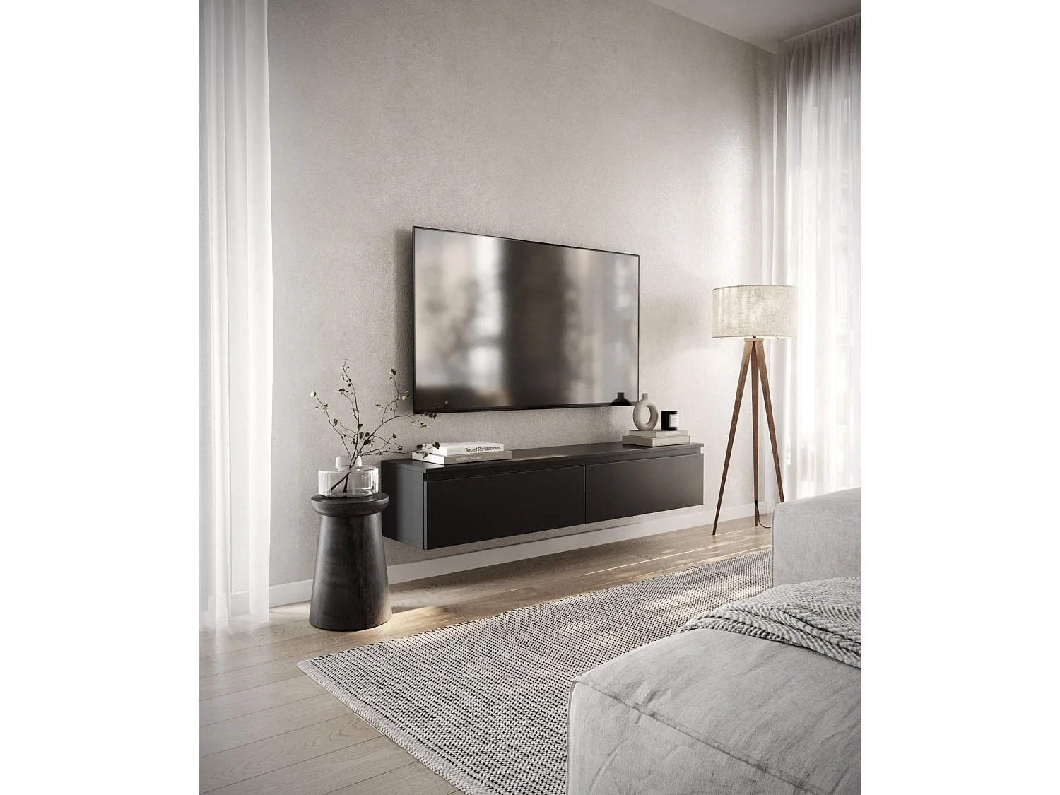 Meuble TV 2 portes -suspendu - 150 cm - noir - BEMMI