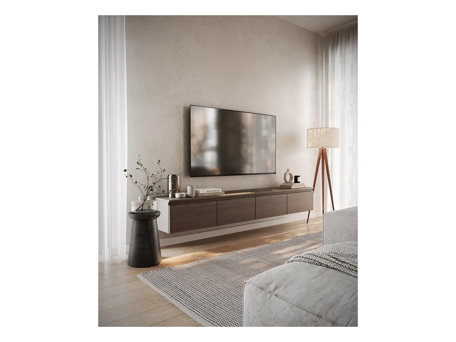TV-meubel met 4 deuren - wandmontage - 200 cm - Wisconsin notenhout - BEMMI