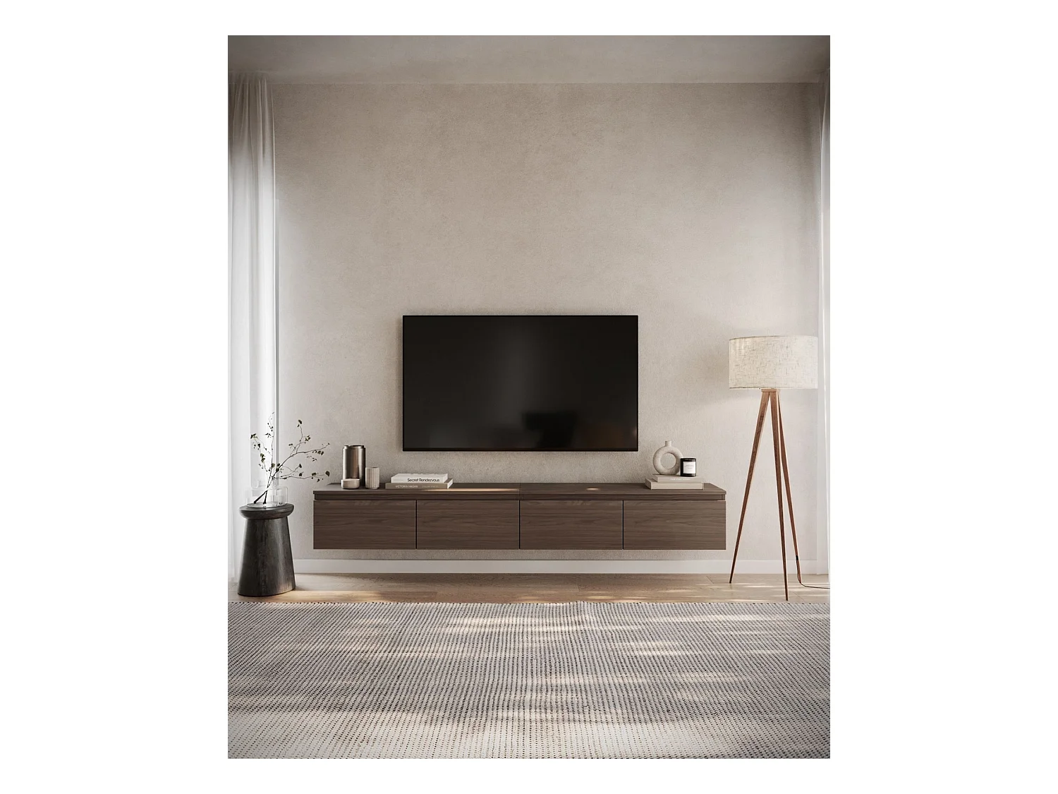 Meuble TV 4 portes -suspendu - 200 cm - noyer du Wisconsin - BEMMI