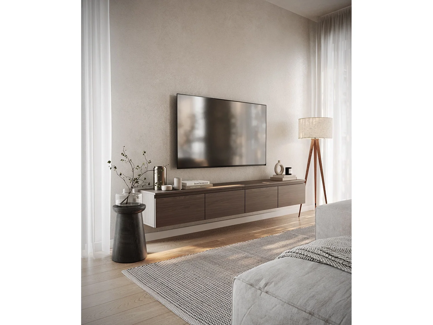 TV-meubel met 4 deuren - wandmontage - 200 cm - Wisconsin notenhout - BEMMI