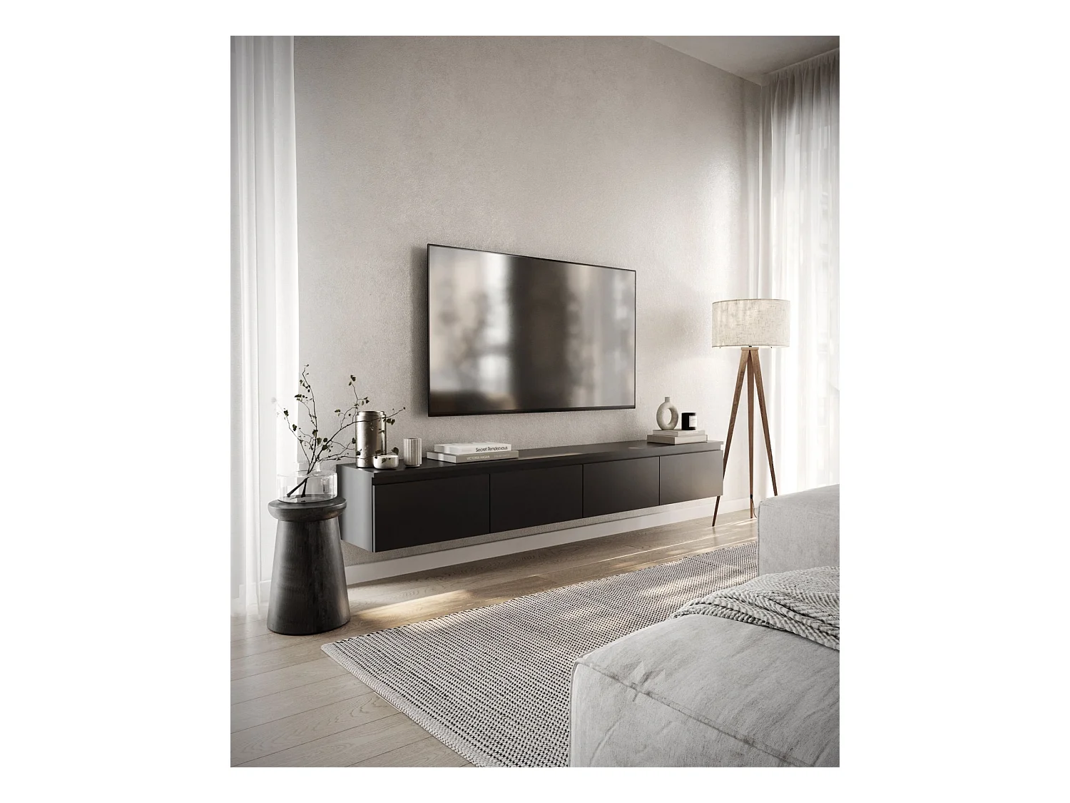 TV-meubel 4 deuren - hangend - 200 cm - zwart - BEMMI