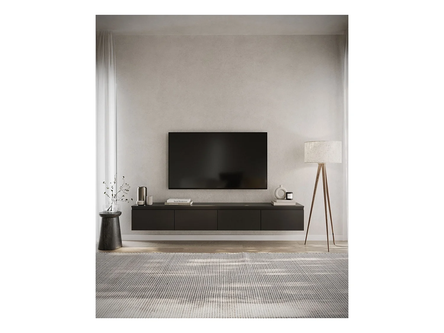 Meuble TV 4 portes -suspendu - 200 cm - noir - BEMMI