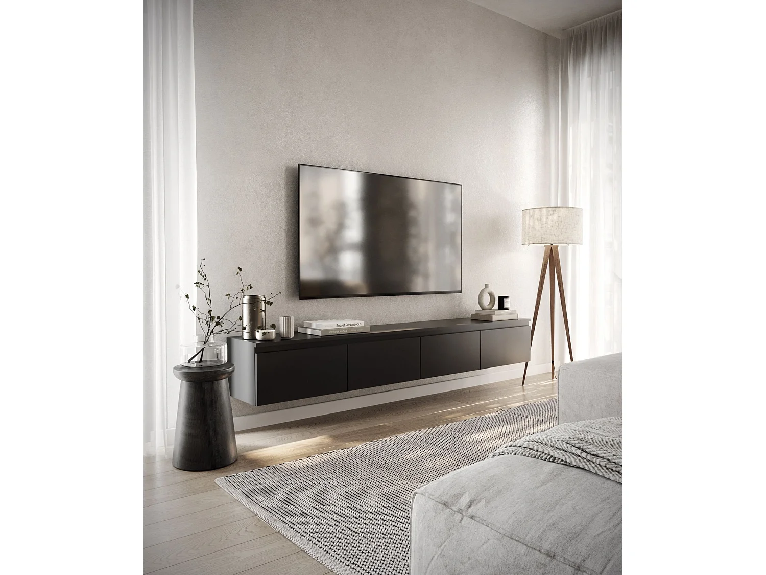 Meuble TV 4 portes -suspendu - 200 cm - noir - BEMMI