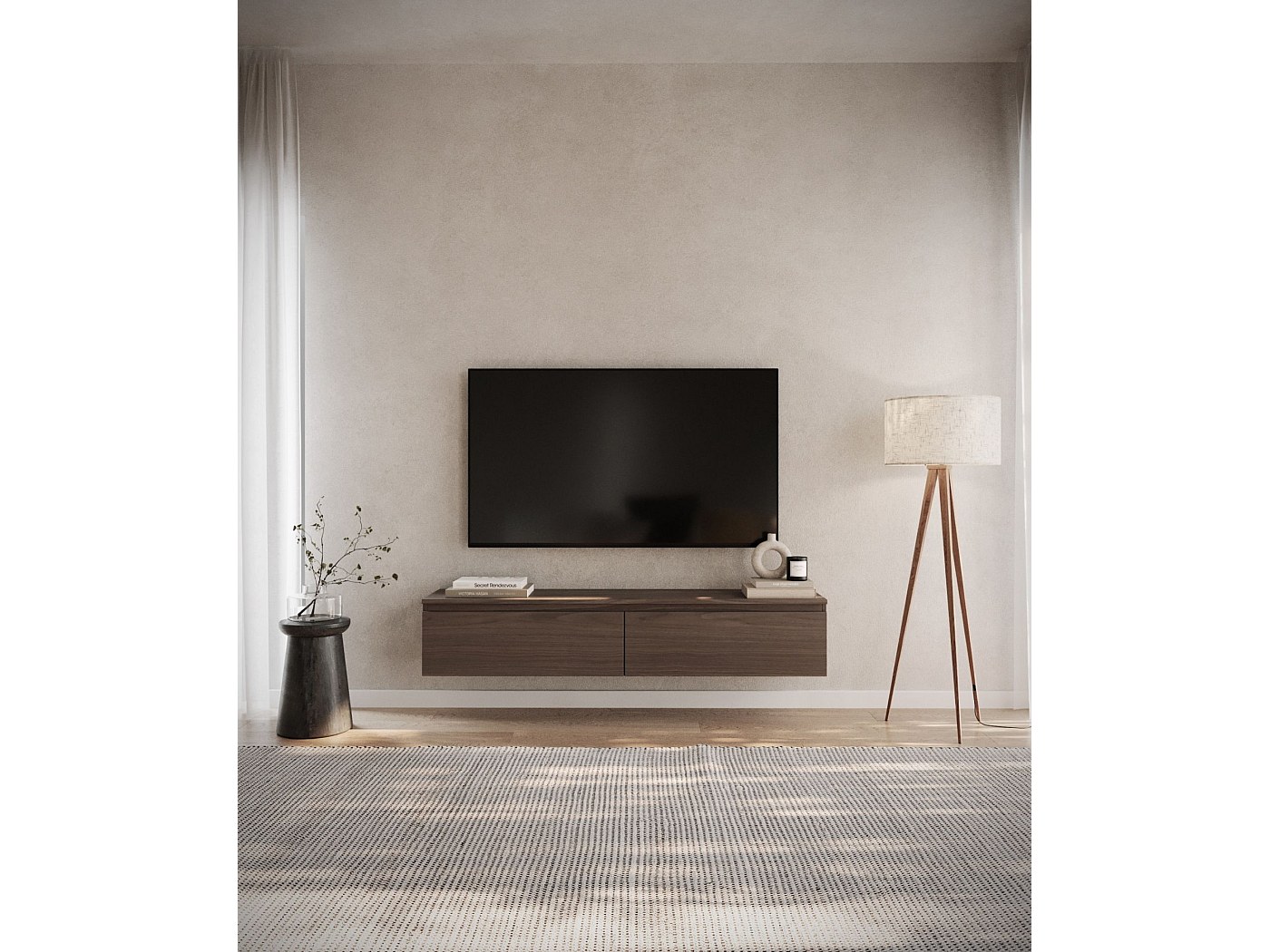 Mobile TV Sospensione Retrò Nero, 140 Cm, Con 3 Ante, In Multistrato Laminato, Finitura Lucida, Resistente All'acqua, Con Passacavi, Supporto Fino A 45 Kg, Montaggio A Parete.