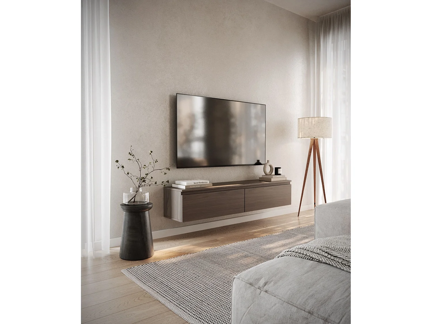 Meuble TV 2 portes -suspendu - 150 cm - noyer du Wisconsin - BEMMI